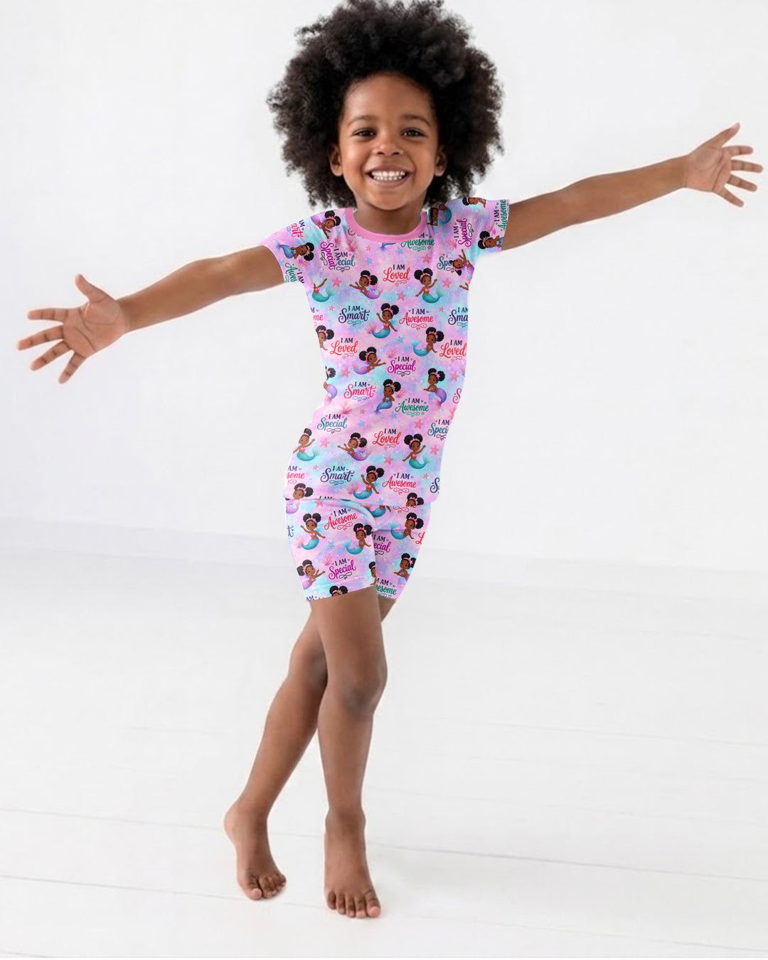 Black Mermaid I Am Strong Bamboo Two Piece Short Sleeve Shorts Pajama Set