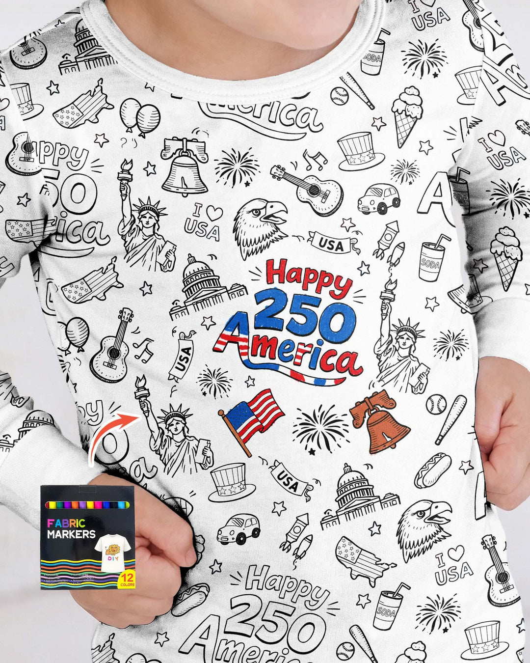 All Colorable Happy 250 America I love USA Bamboo Two Piece Long Sleeve Pajama Set