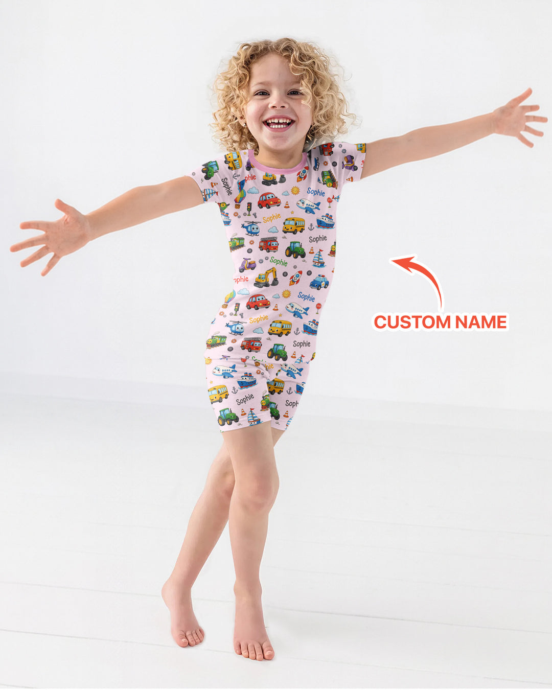 Custom Name Cute Transport Bamboo Two Piece Short Sleeve Pajama Set