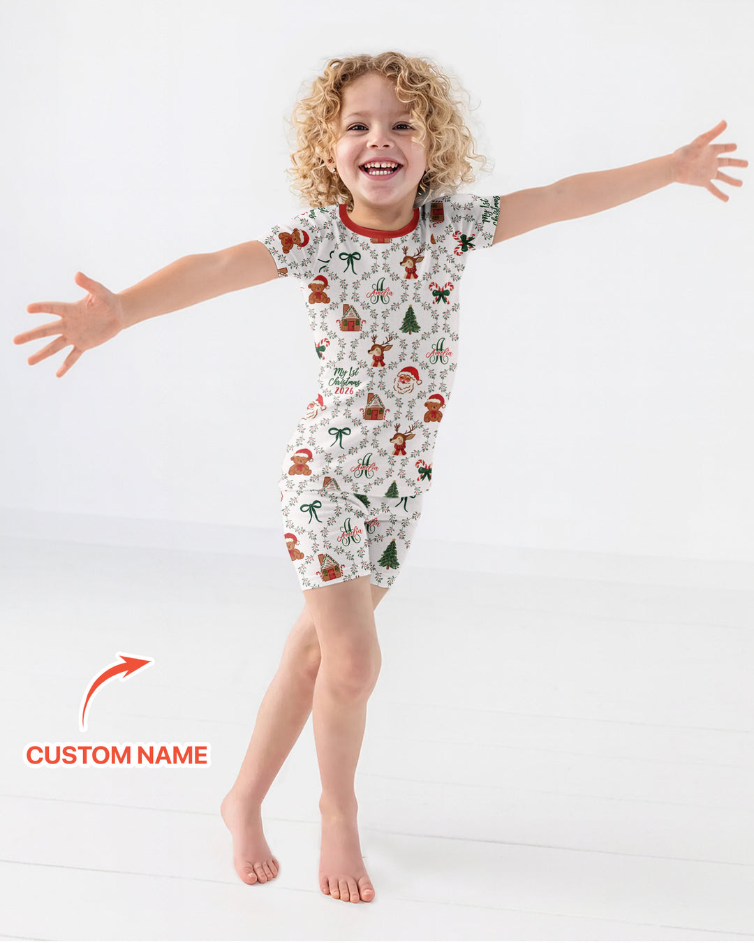 Custom name "Fancy Monogram Red Christmas 2026" Bamboo Two Piece Short Sleeve Shorts Pajama Set