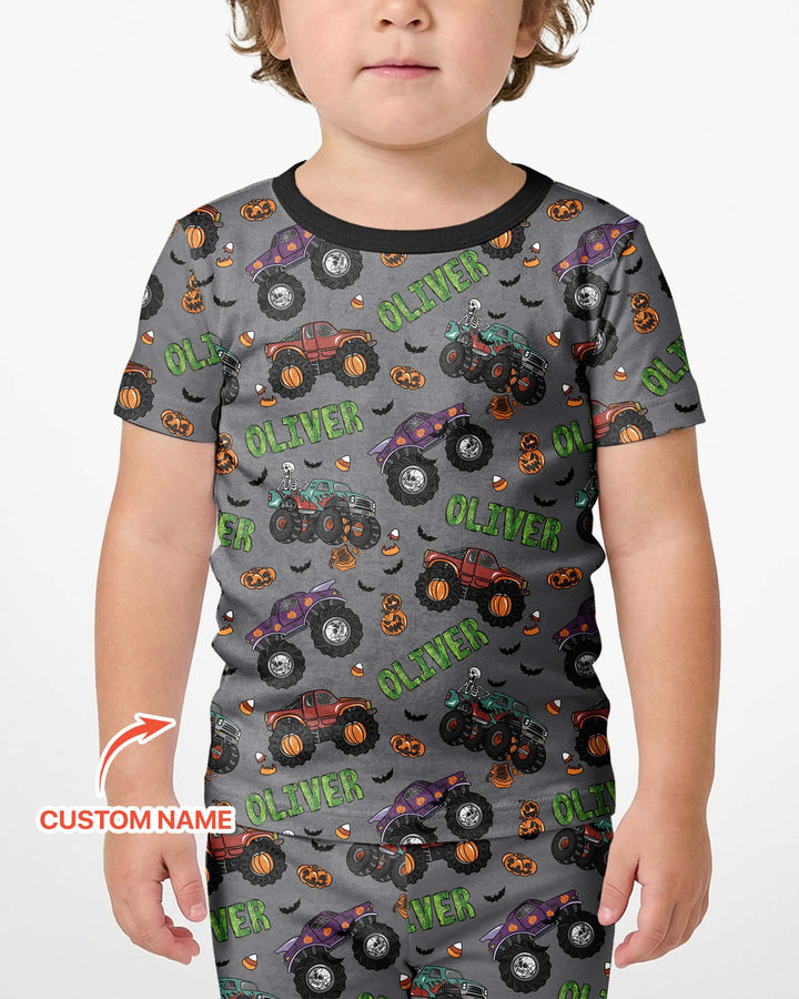 Custom Name Haunted Monster Trucks  Bamboo Two Piece Short Sleeve Shorts Pajama Set