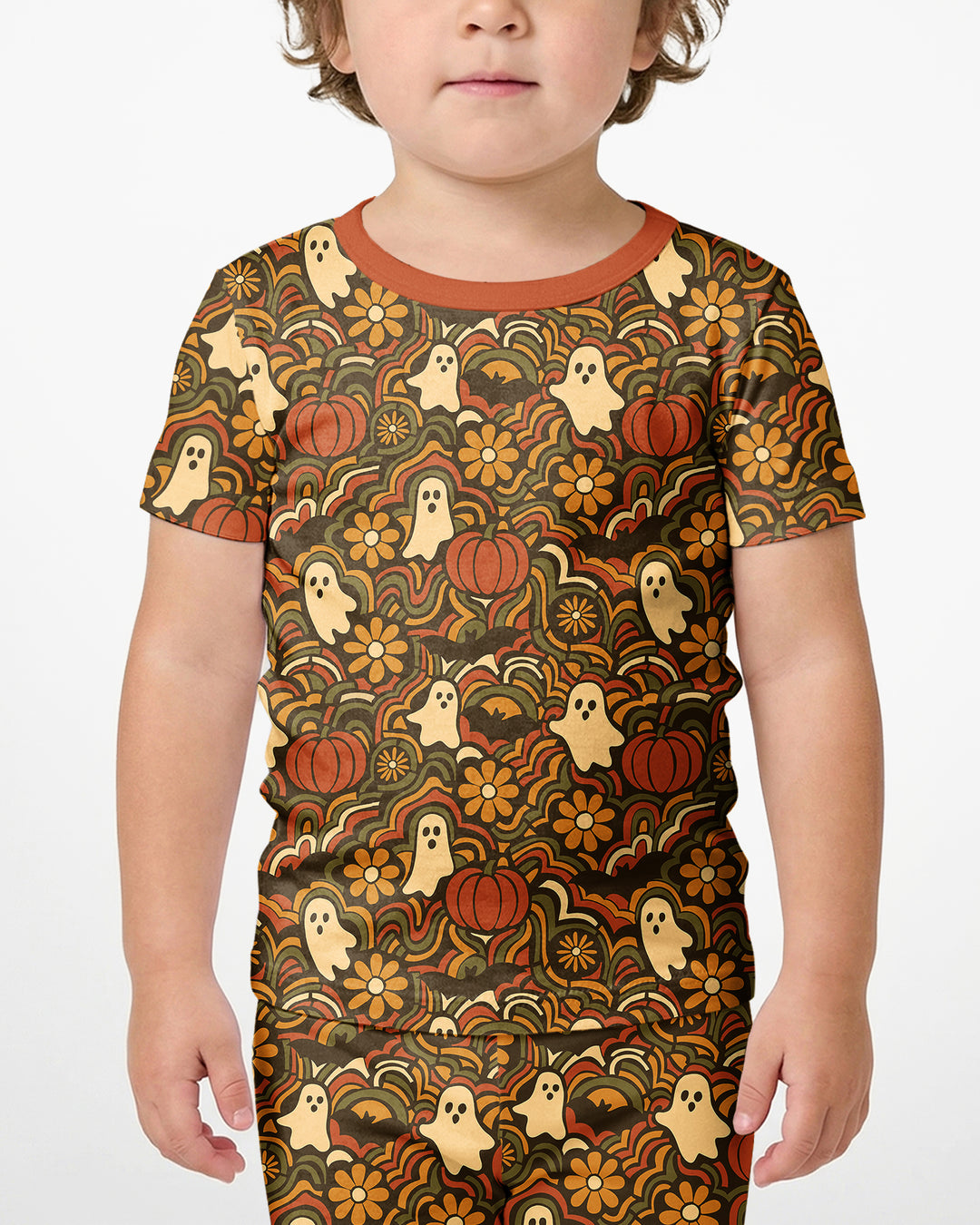 Retro Halloween Ghost Pumpkin Floral Bamboo Two Piece Short Sleeve Shorts Pajama Set