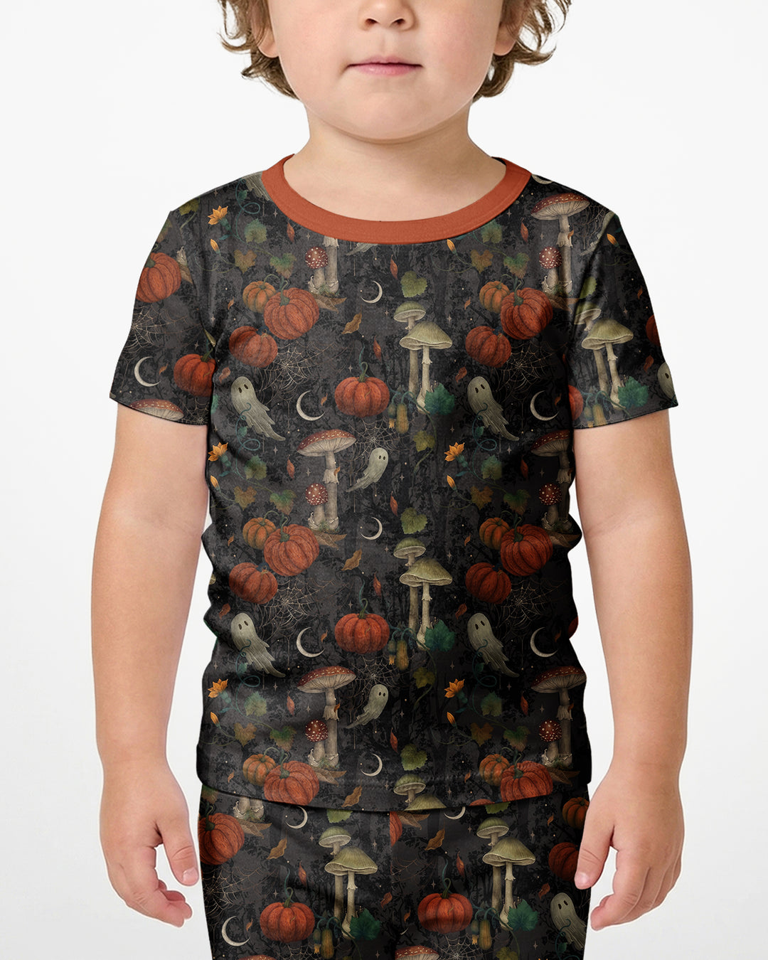 Spooky Cute Ghost Pumpkin Mushroom Halloween Bamboo Two Piece Short Sleeve Shorts Pajama Set