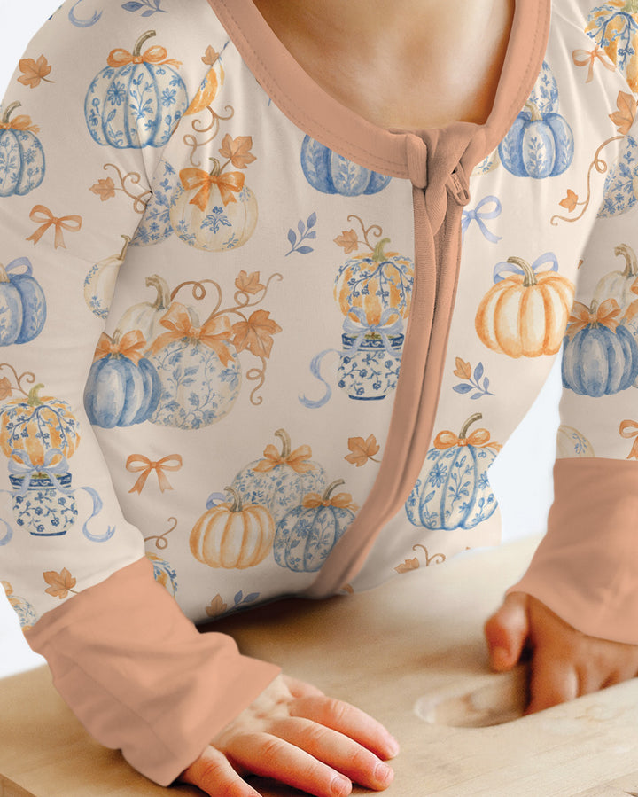 Preppy Blue and Orange Chinoiserie Pumpkin Bamboo Convertible Zippy