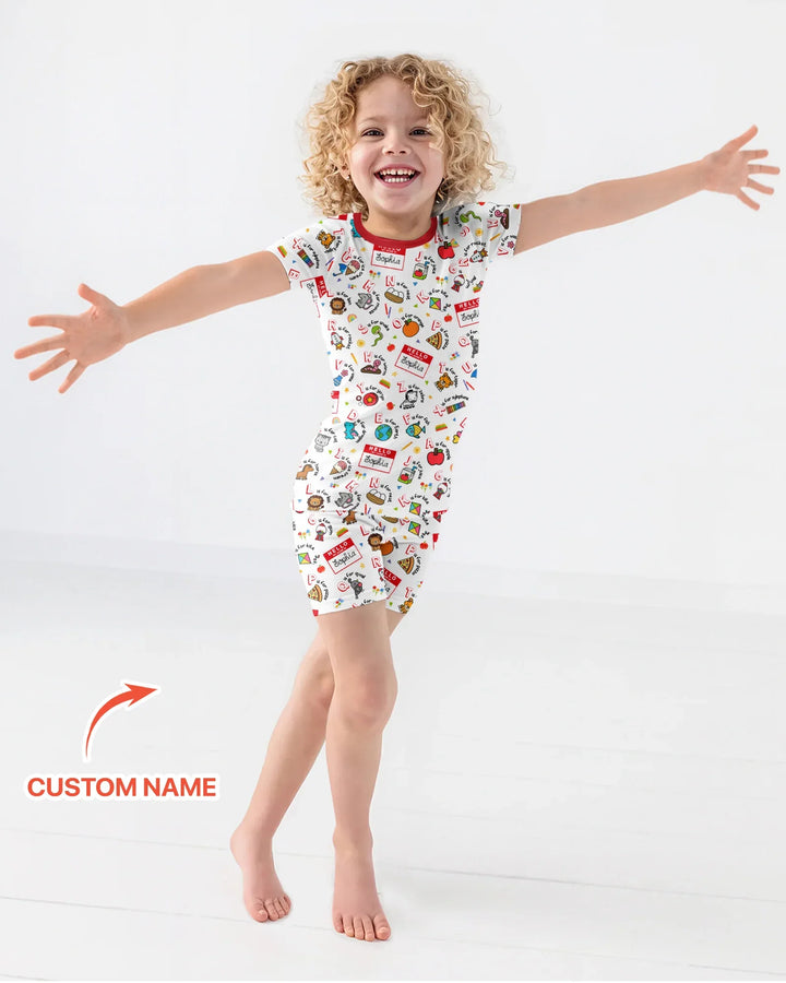 Custom Name Hello School ABCs Bamboo Two Piece Short Sleeve Shorts Pajama Set