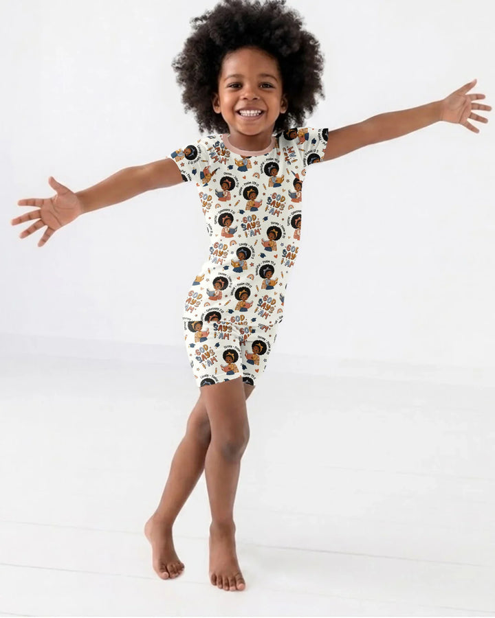 God Says I Am Cute Learning Afro Girl  Bamboo Two Piece Short Sleeve Shorts Pajama Set