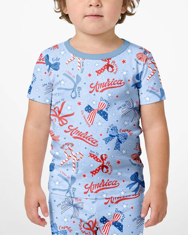 Pijama de dos piezas con pantalón corto y manga corta de bambú, estilo femenino y patriótico