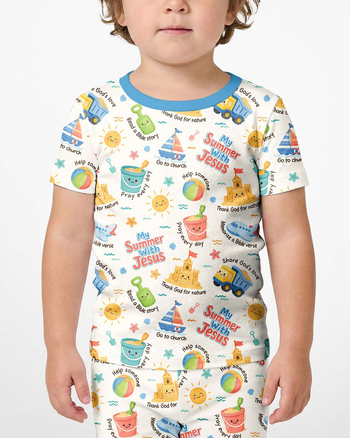 Colorful Summer Beach With Jesus Bamboo Two Piece Short Sleeve Shorts Pajama Set