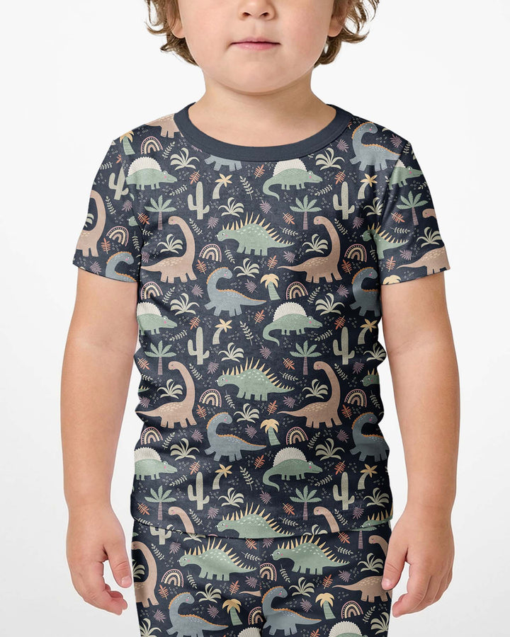 Navy Jurassic Jungle Bamboo Two Piece Short Sleeve Shorts Pajama Set