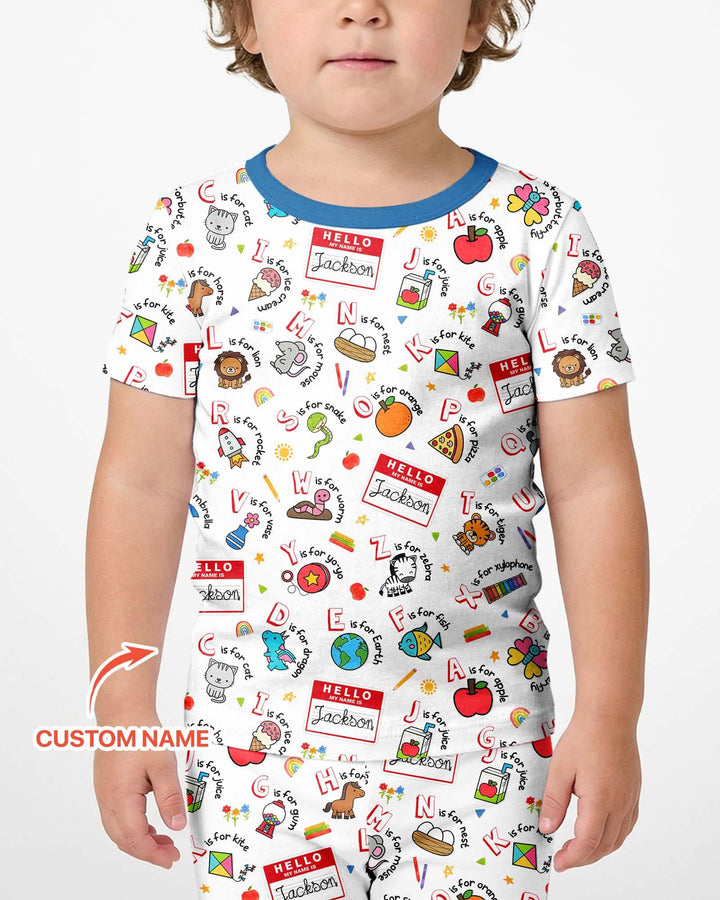 Custom Name Hello School ABCs Bamboo Two Piece Short Sleeve Shorts Pajama Set