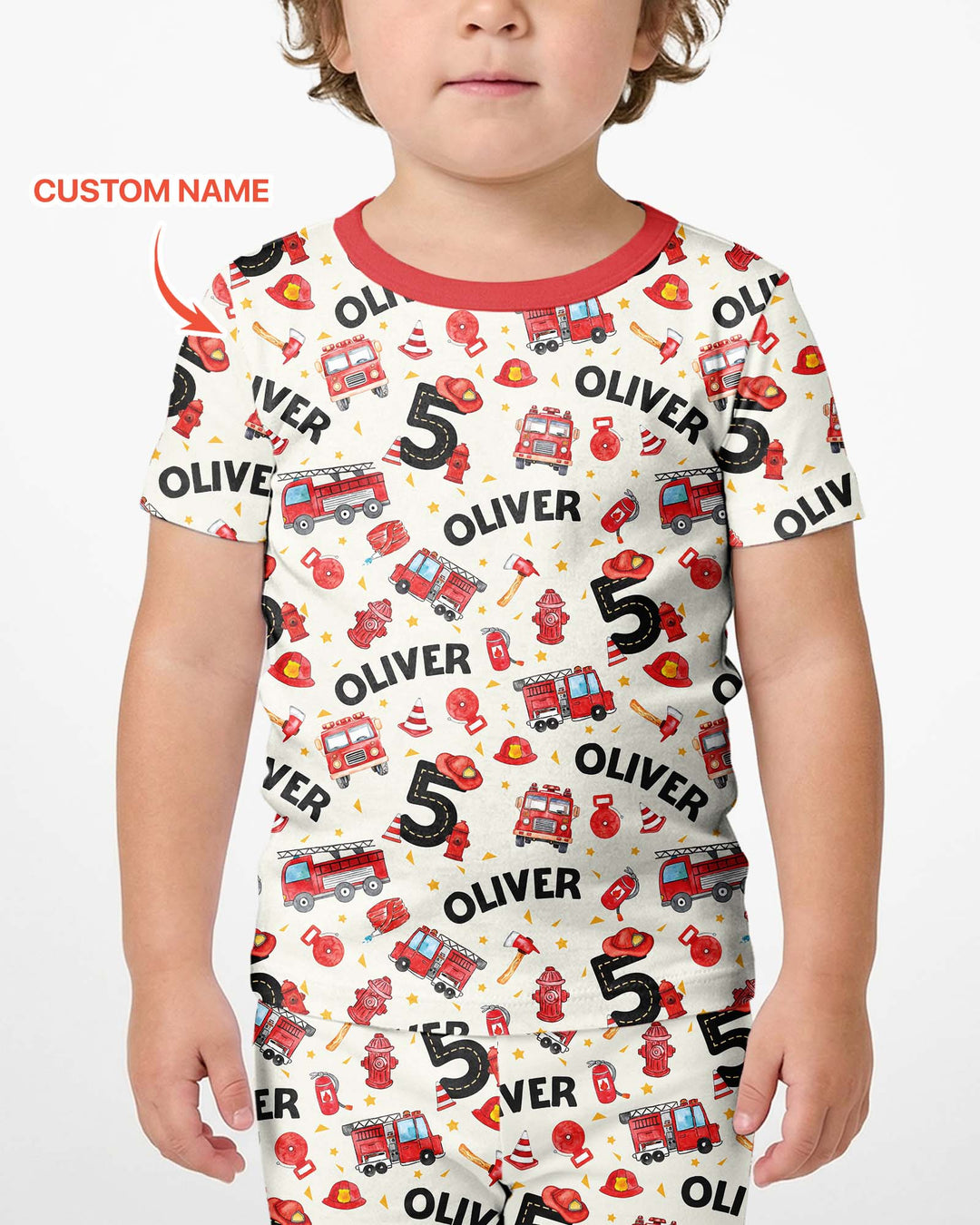 Custom Name Fire Truck Birthday Boy Bamboo Two Piece Short Sleeve Shorts Pajama Set