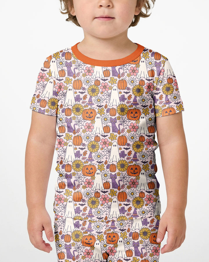 Ghost Pumpkin Fall Floral Halloween Bamboo Two Piece Short Sleeve Shorts Pajama Set