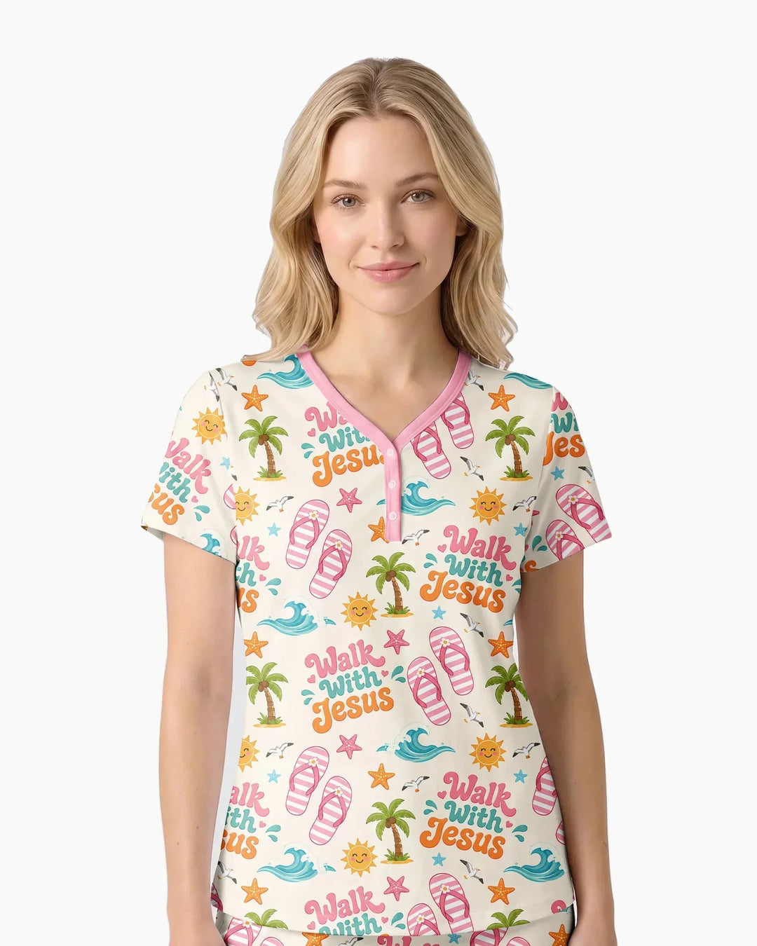 Groovy Summer Walk With Jesus Bamboo Women Short Sleeve Short Pajama Set