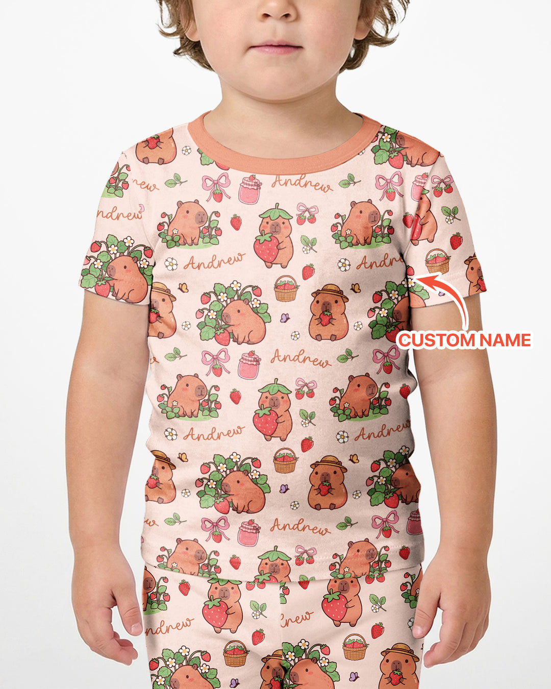 Custom Name Capybara Strawberry Bamboo Two Piece Short Sleeve Shorts Pajama Set