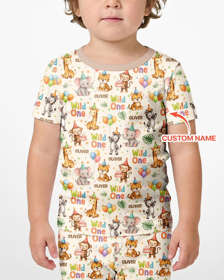 Custom Name 1st Birthday Wild One Bamboo Two Piece Short Sleeve Shorts Pajama Set