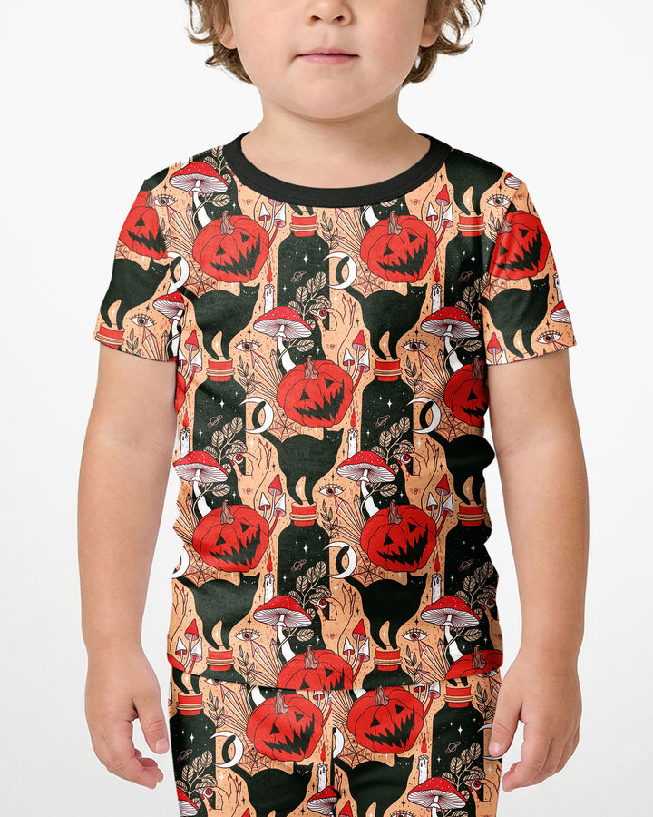 Black Cat And Pumpkin Halloween Bamboo Two Piece Short Sleeve Shorts Pajama Set