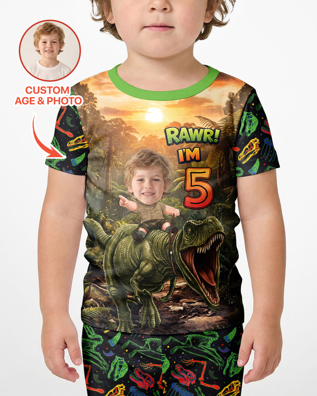 Custom Photo Dino Rawr Birthday Bamboo Two Piece Short Sleeve Shorts Pajama Set