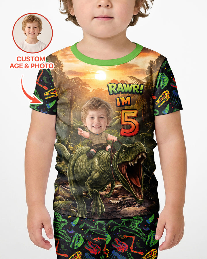 Custom Photo Dino Rawr Birthday Bamboo Two Piece Short Sleeve Shorts Pajama Set