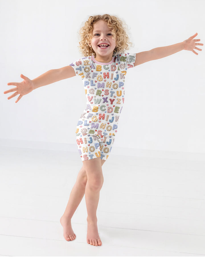 Fabric Alphabet Letters Bamboo Two Piece Short Sleeve Shorts Pajama Set