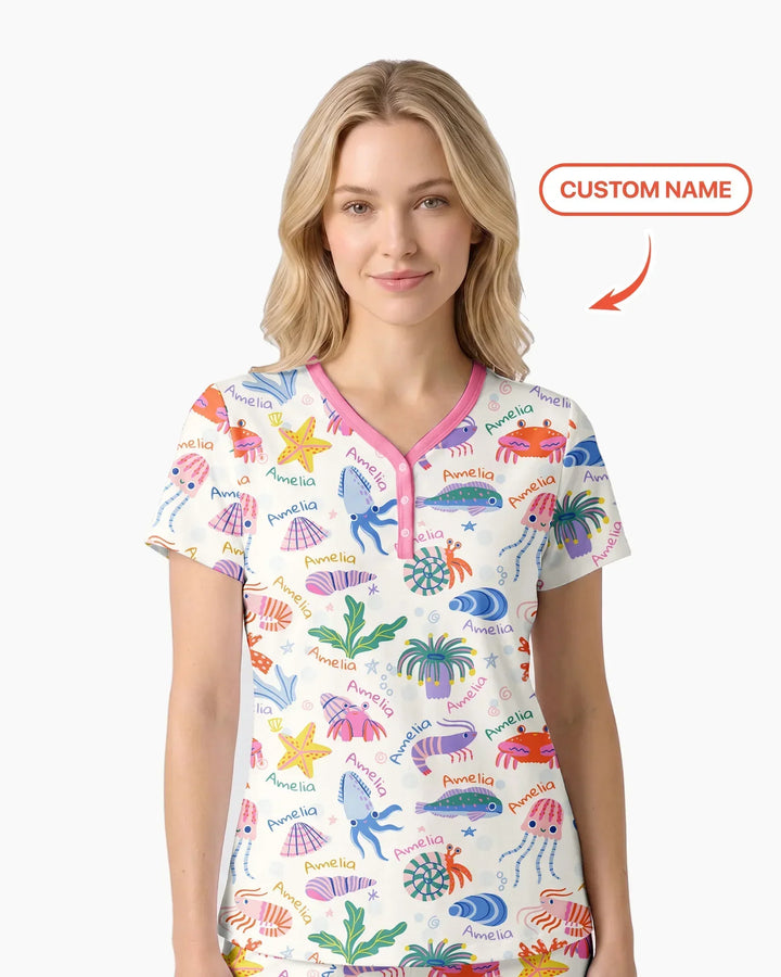 Tide Pool Pals Custom Name Bamboo Women Short Sleeve Short Pajama Set