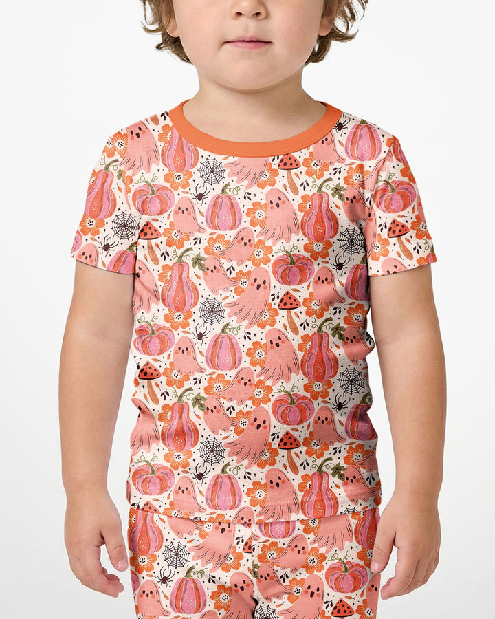 Pink Ghost Pumpkin Fall Floral Halloween Bamboo Two Piece Short Sleeve Shorts Pajama Set