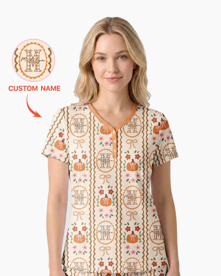 Custom Name Pumpkin Cottage Bamboo Women Short Sleeve Short Pajama Set