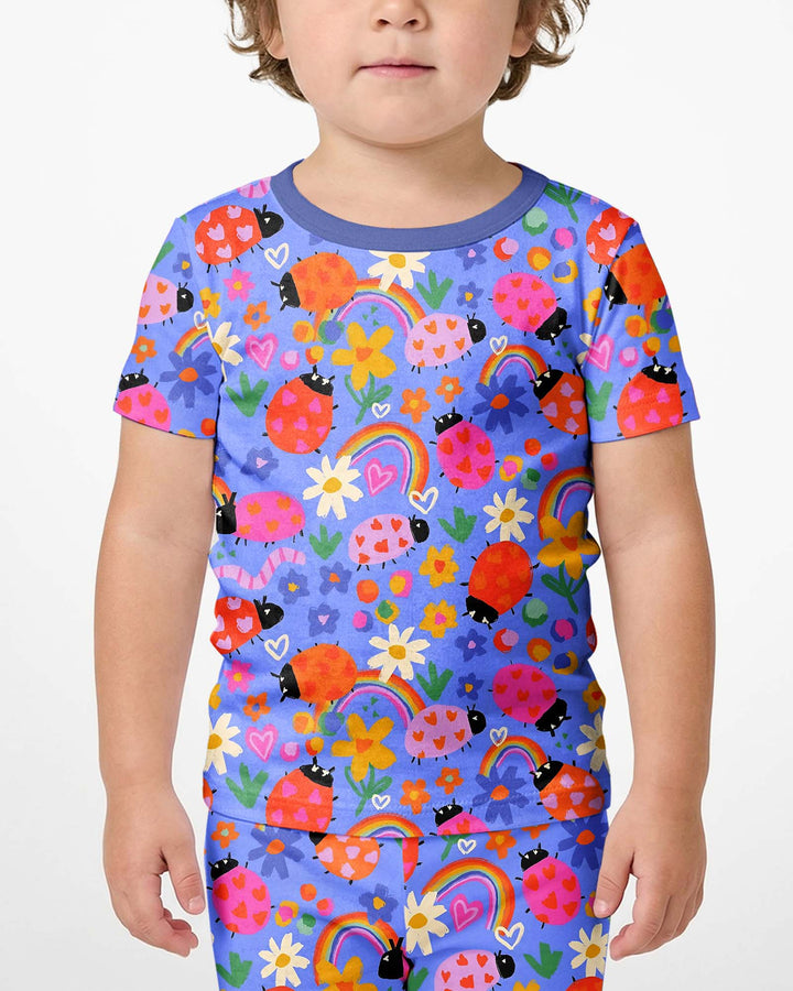 Conjunto de pijama de dos piezas de bambú con mangas cortas y shorts para niñas, diseño de mariquitas
