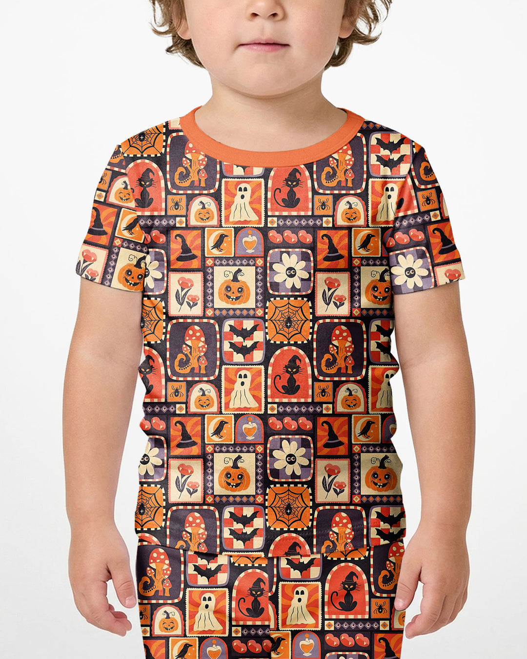 Retro Halloween Patchwork Icons Bamboo Two Piece Short Sleeve Shorts Pajama Set