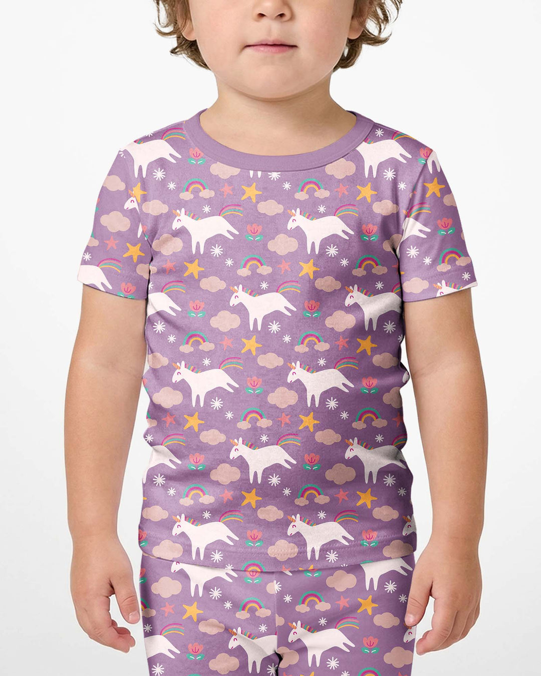Pijama de dos piezas de bambú de manga corta con pantalón corto y unicornios morados