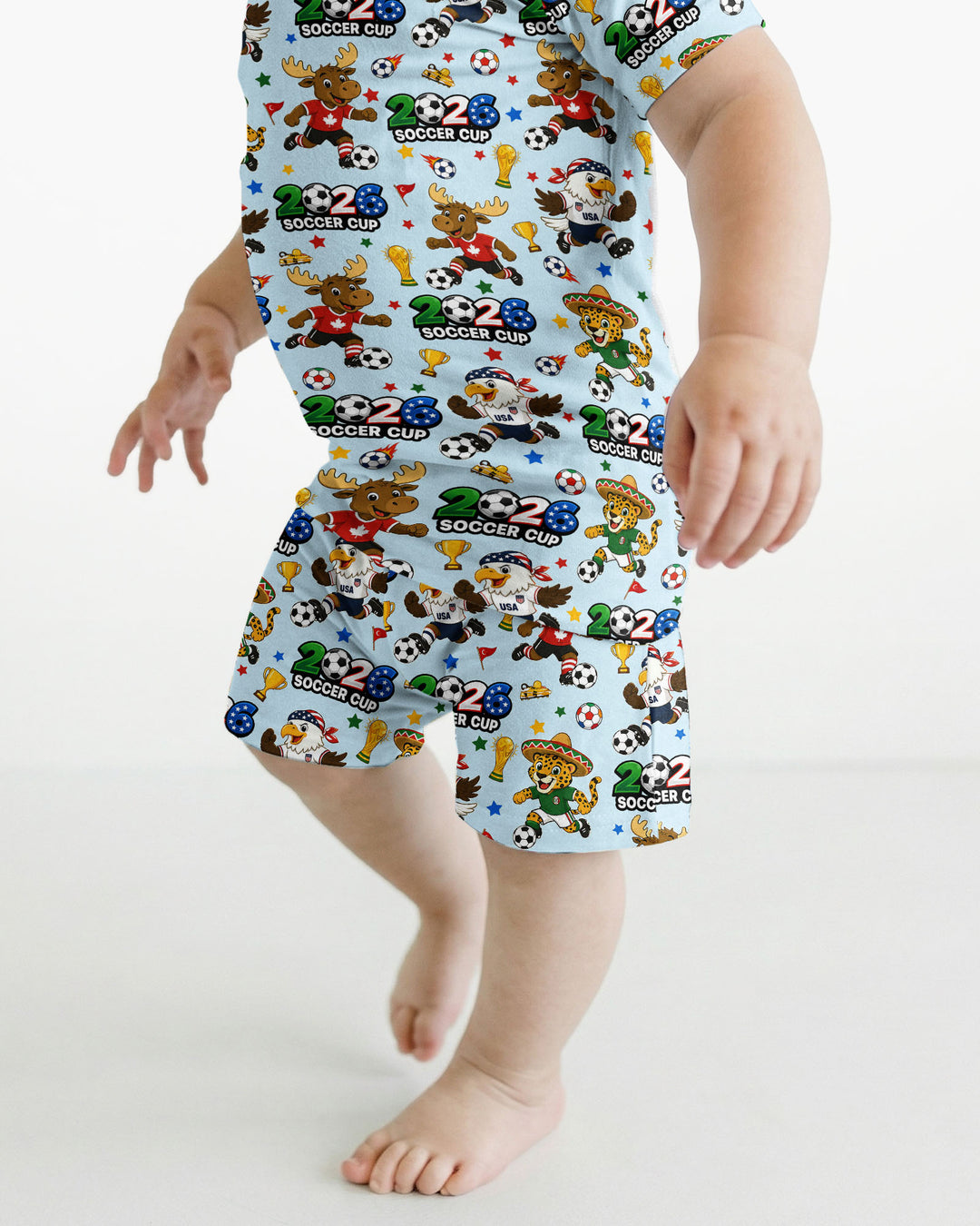 Soccer Cup Cute Mascots Two Piece Short Sleeve Shorts Pajama Set