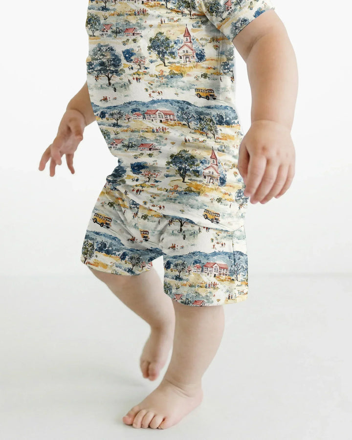 Whimsical Watercolor School Village Bamboo Two Piece Short Sleeve Shorts Pajama Set