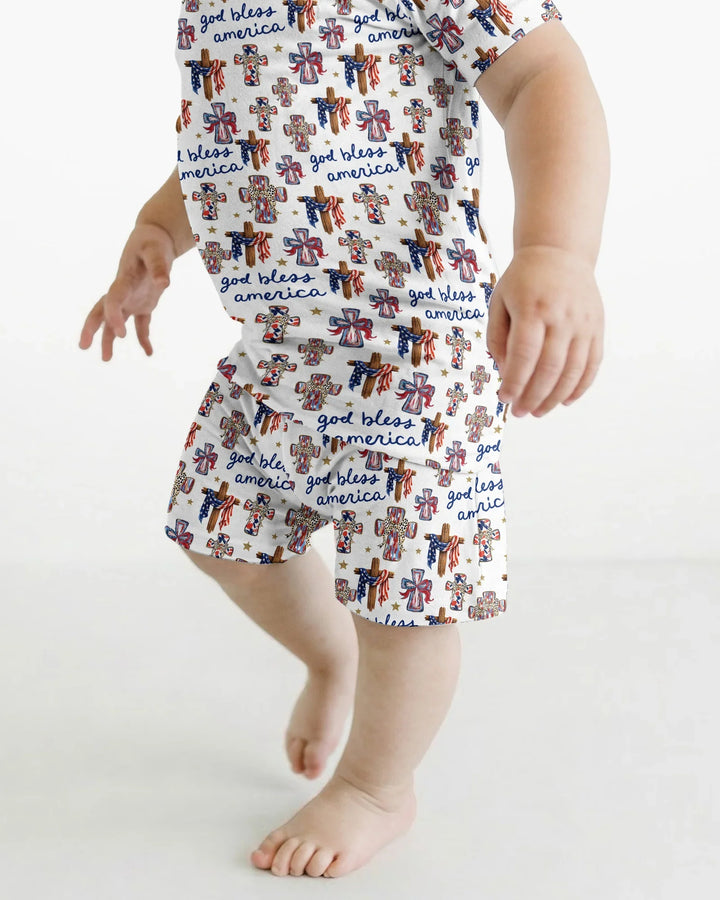 God Bless America Family Matching Bamboo Two Piece Short Sleeve Shorts Pajama Set