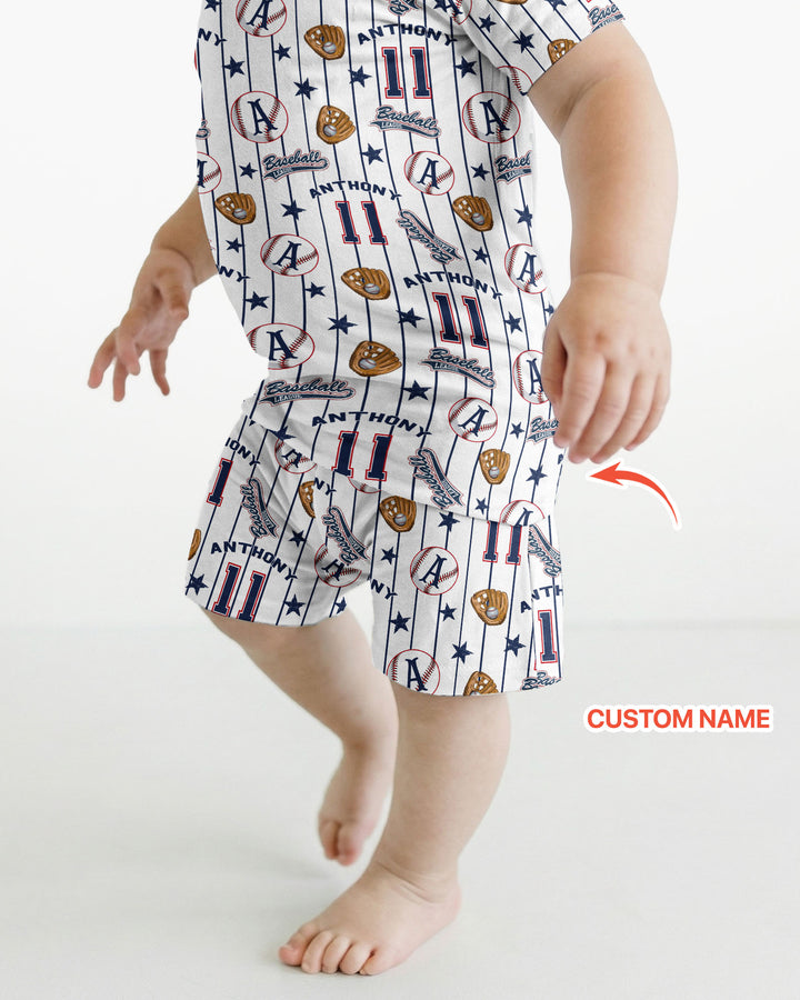 Custom Name Baseball Time Bamboo Two Piece Short Sleeve Shorts Pajama Set
