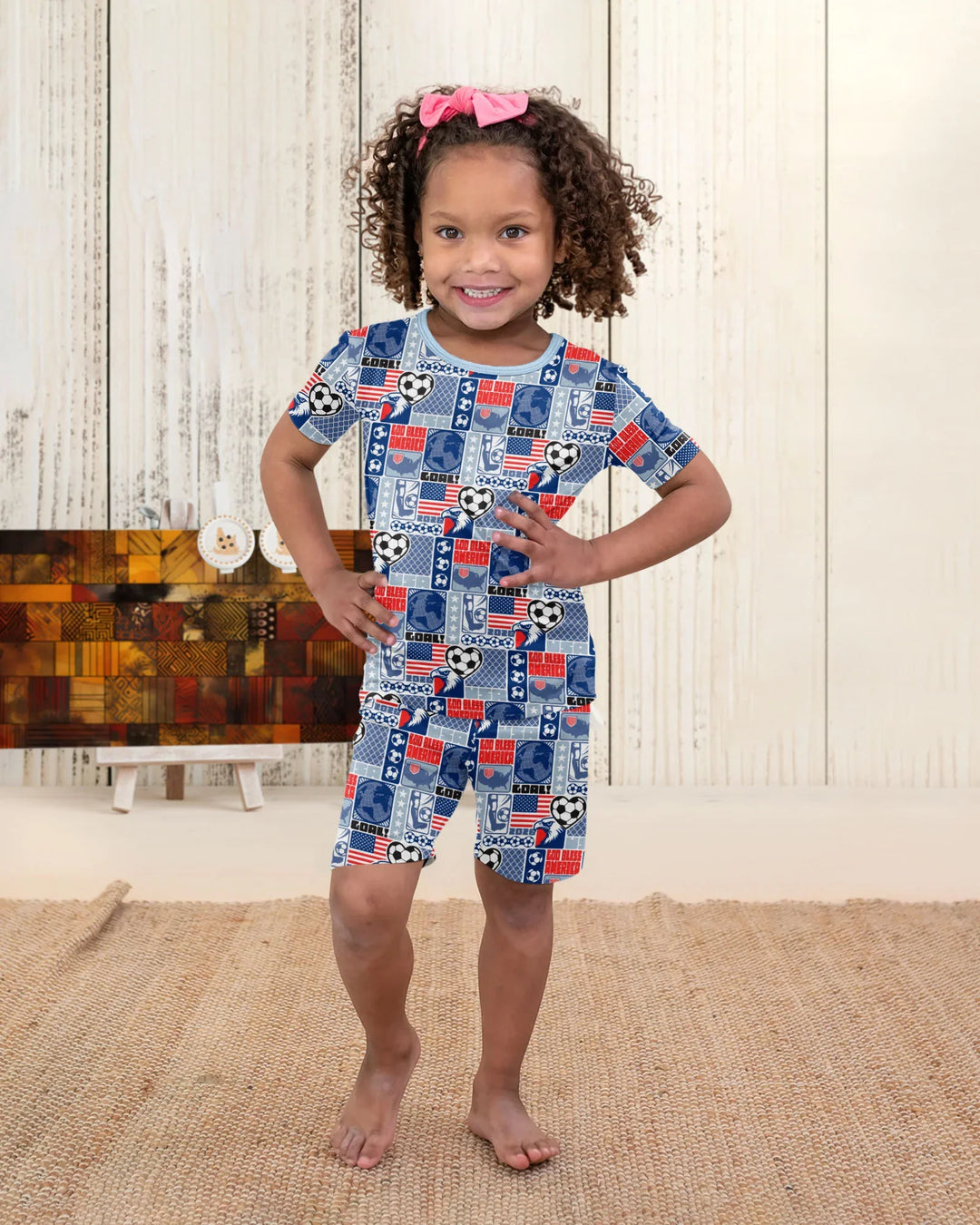 World Soccer God Bless America Bamboo Two Piece Short Sleeve Shorts Pajama Set