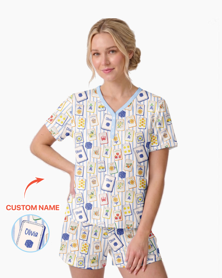 Coastal Mahjong Custom Name Mommy & Me Matching Bamboo Women Short Sleeve Short Pajama Set