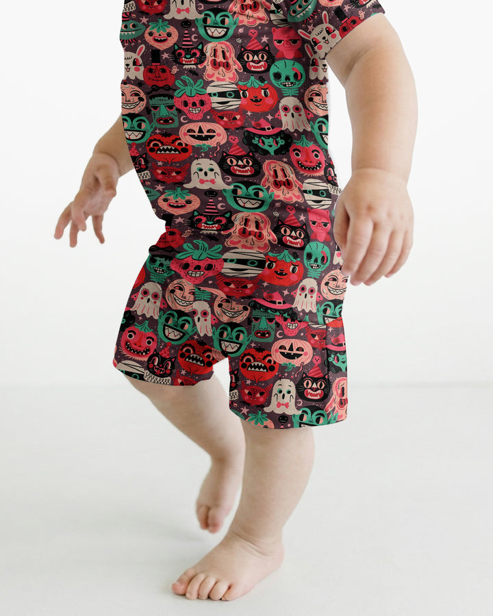 Retro Halloween Monsters Ghost Pumpkin Mummy Bamboo Two Piece Short Sleeve Shorts Pajama Set