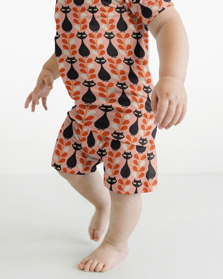 Retro Black Cat Garden Bamboo Two Piece Short Sleeve Shorts Pajama Set