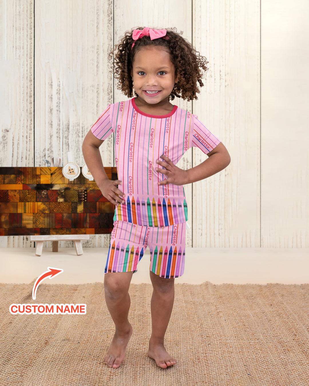 Custom Name Crayon Lines Bamboo Two Piece Short Sleeve Shorts Pajama Set