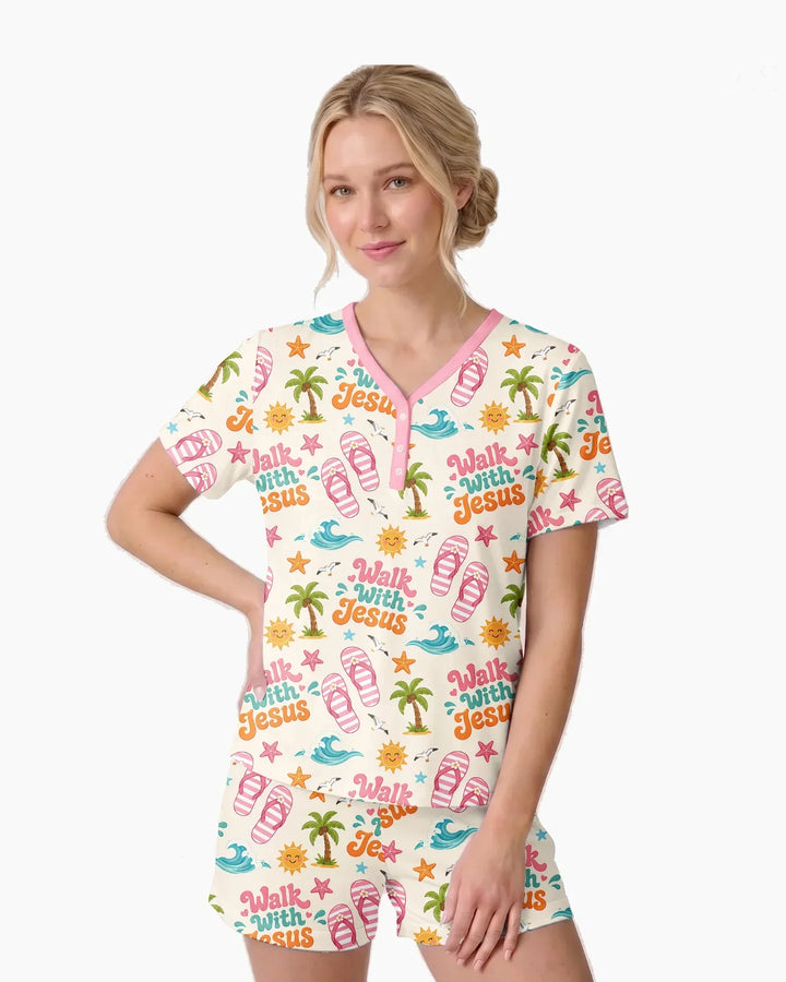 Groovy Summer Walk With Jesus Bamboo Women Short Sleeve Short Pajama Set