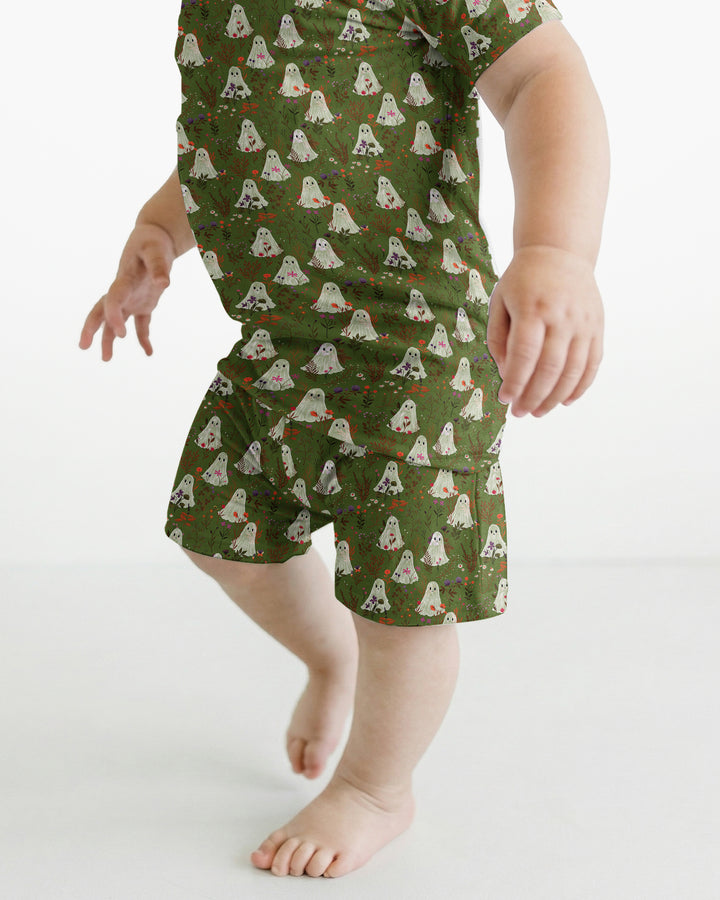 Cute Ghost Halloween Moss Green Floral Bamboo Two Piece Short Sleeve Shorts Pajama Set