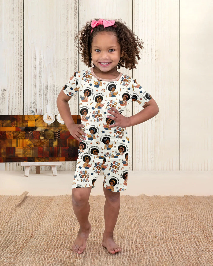 God Says I Am Cute Learning Afro Girl  Bamboo Two Piece Short Sleeve Shorts Pajama Set