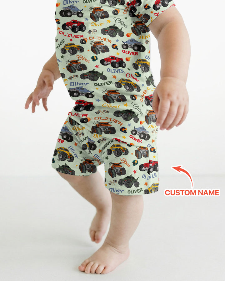 Personalized Monster Truck Bamboo Two Piece Short Sleeve Shorts Pajama Set
