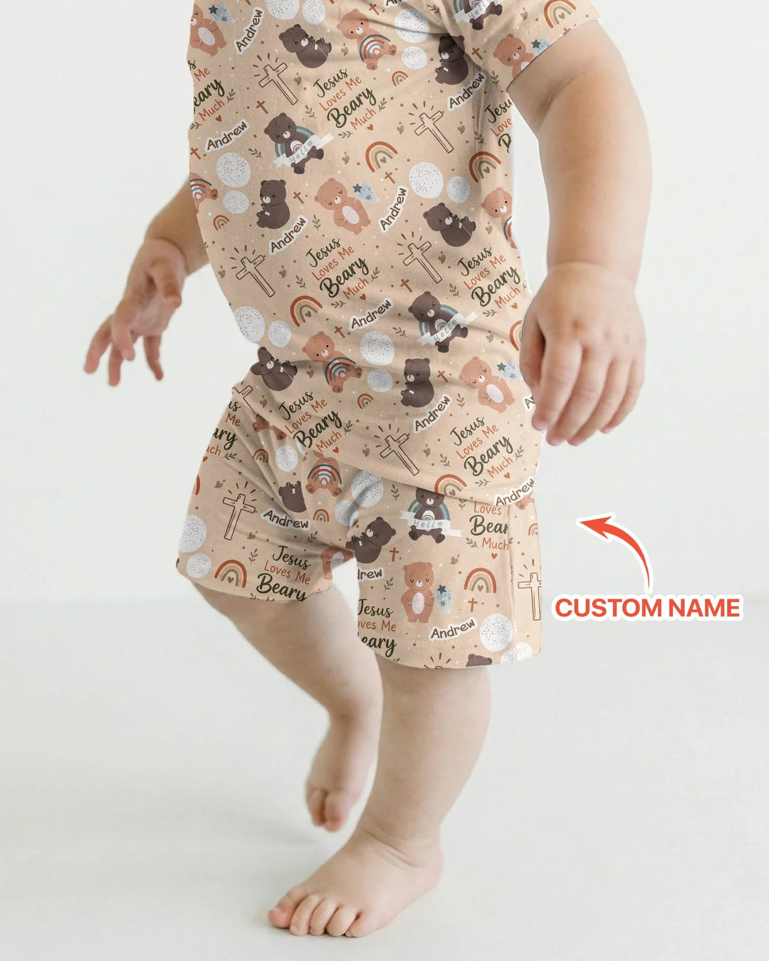Custom Name Jesus Loves Me Beary Much Bamboo Two Piece Short Sleeve Shorts Pajama Set