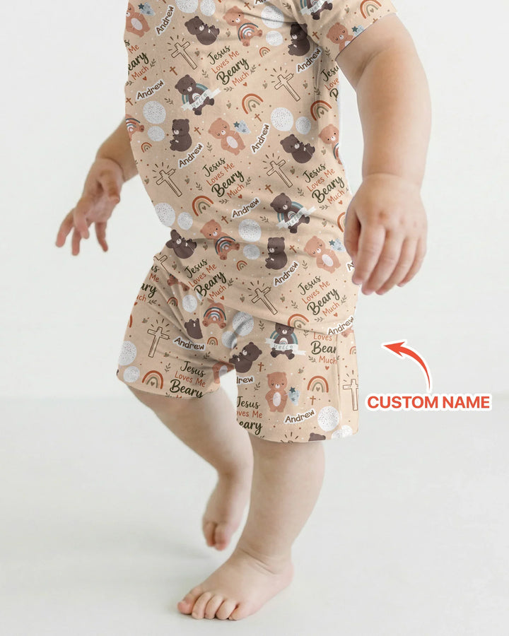 Custom Name Jesus Loves Me Beary Much Bamboo Two Piece Short Sleeve Shorts Pajama Set