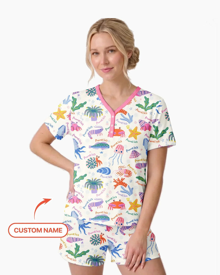 Tide Pool Pals Custom Name Bamboo Women Short Sleeve Short Pajama Set