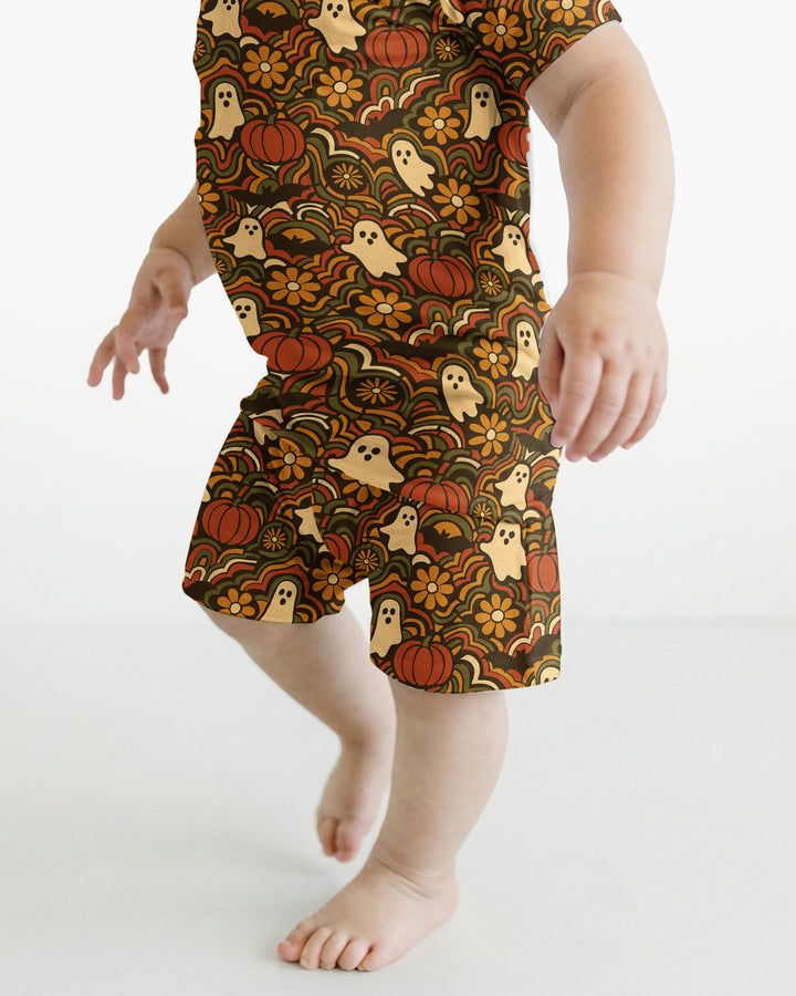 Retro Halloween Ghost Pumpkin Floral Bamboo Two Piece Short Sleeve Shorts Pajama Set