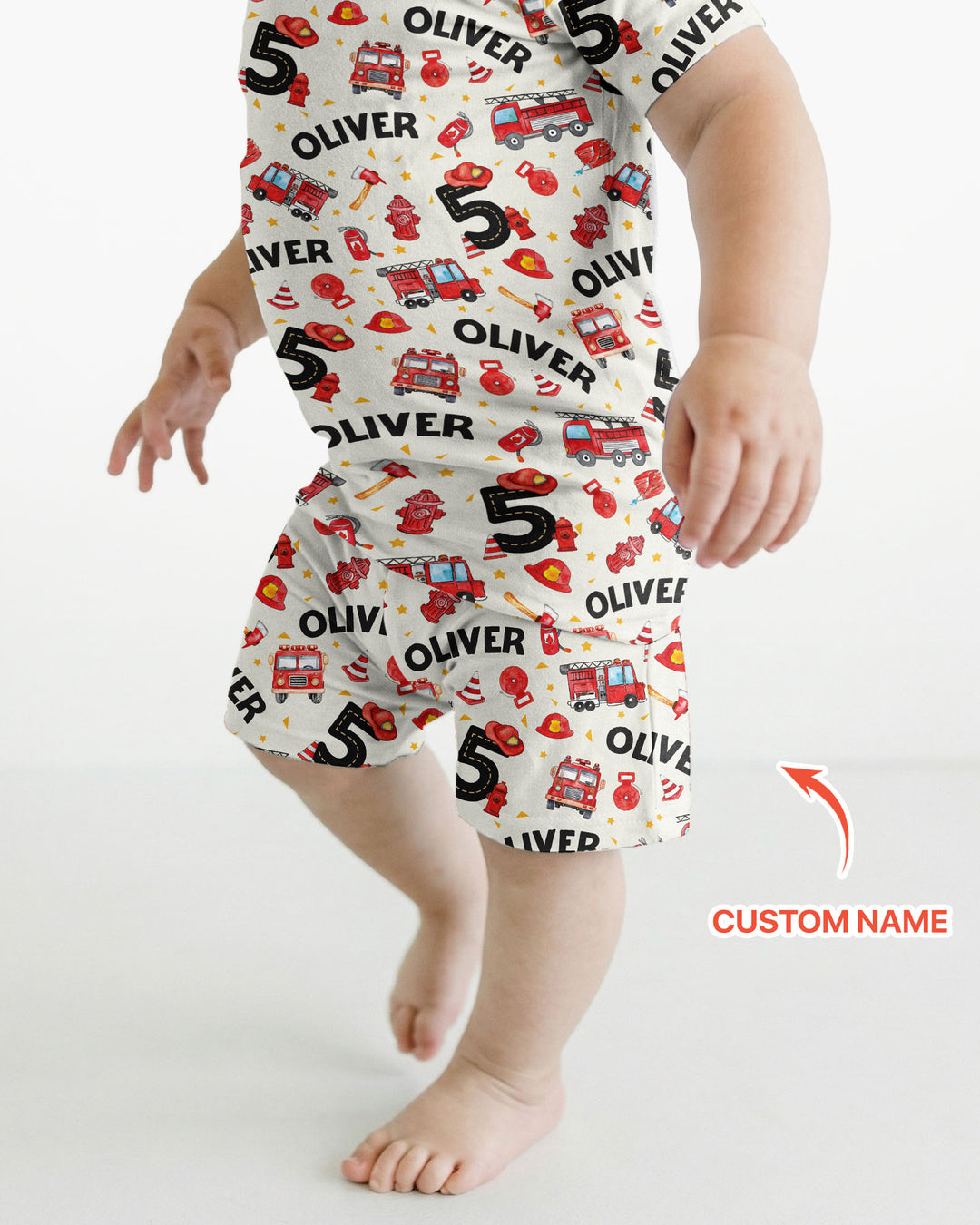 Custom Name Fire Truck Birthday Boy Bamboo Two Piece Short Sleeve Shorts Pajama Set