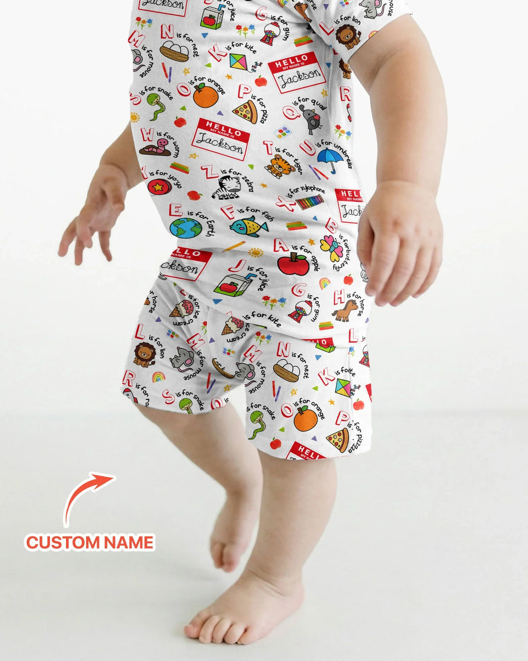 Custom Name Hello School ABCs Bamboo Two Piece Short Sleeve Shorts Pajama Set