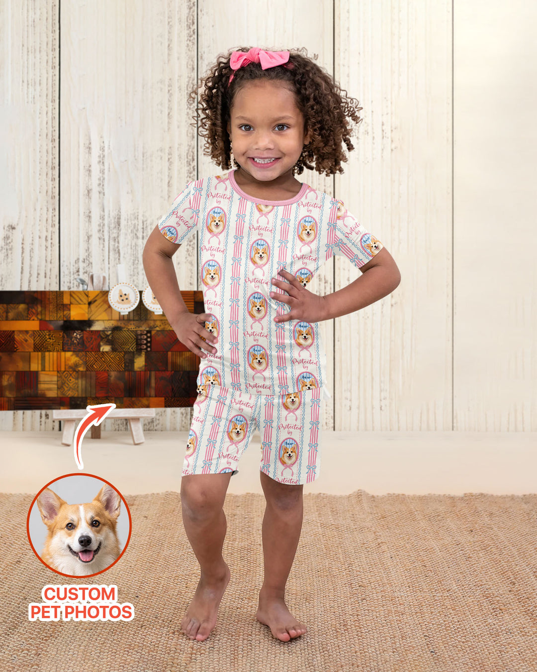 Custom Coquette Pet Photo Little Protector Bamboo Two Piece Short Sleeve Shorts Pajama Set