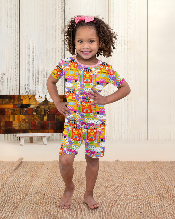 Retro Happy Classroom Bamboo Two Piece Short Sleeve Shorts Pajama Set